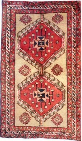 Foto esempio di un tappeto di un tappeto persiano Hamadan con fondo beige e cornice rossa