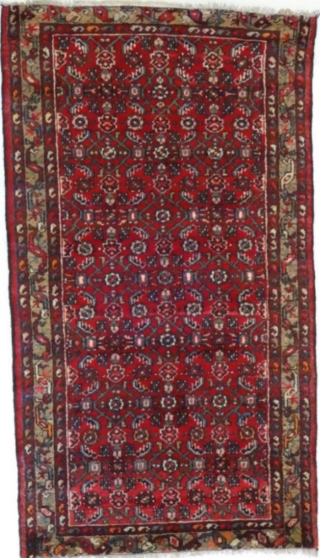 Foto esempio di un tappeto persiano Hoseinabad con fondo rosso e cornice marrone