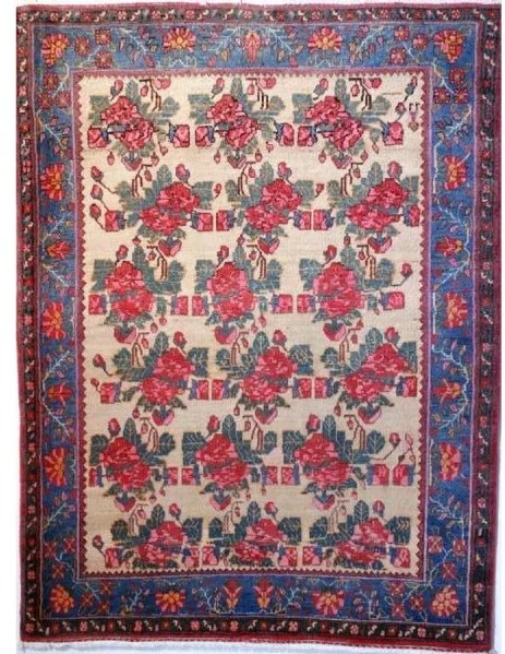 Foto esempio di un tappeto persiano Karabag con fondo beige e cornice azzurra