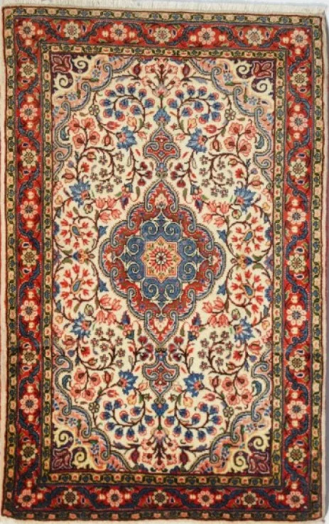 Foto esempio di un tappeto persiano Malayer con fondo beige e cornice rossa