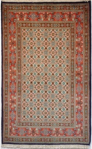 Foto esempio di un tappeto persiano Mud con fondo beige e cornice rossa