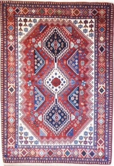 Foto esempio di un tappeto persiano Yalameh panna e rosso